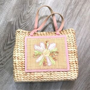 Flower Wicker Straw Basket Gingham Purse Bag Pink